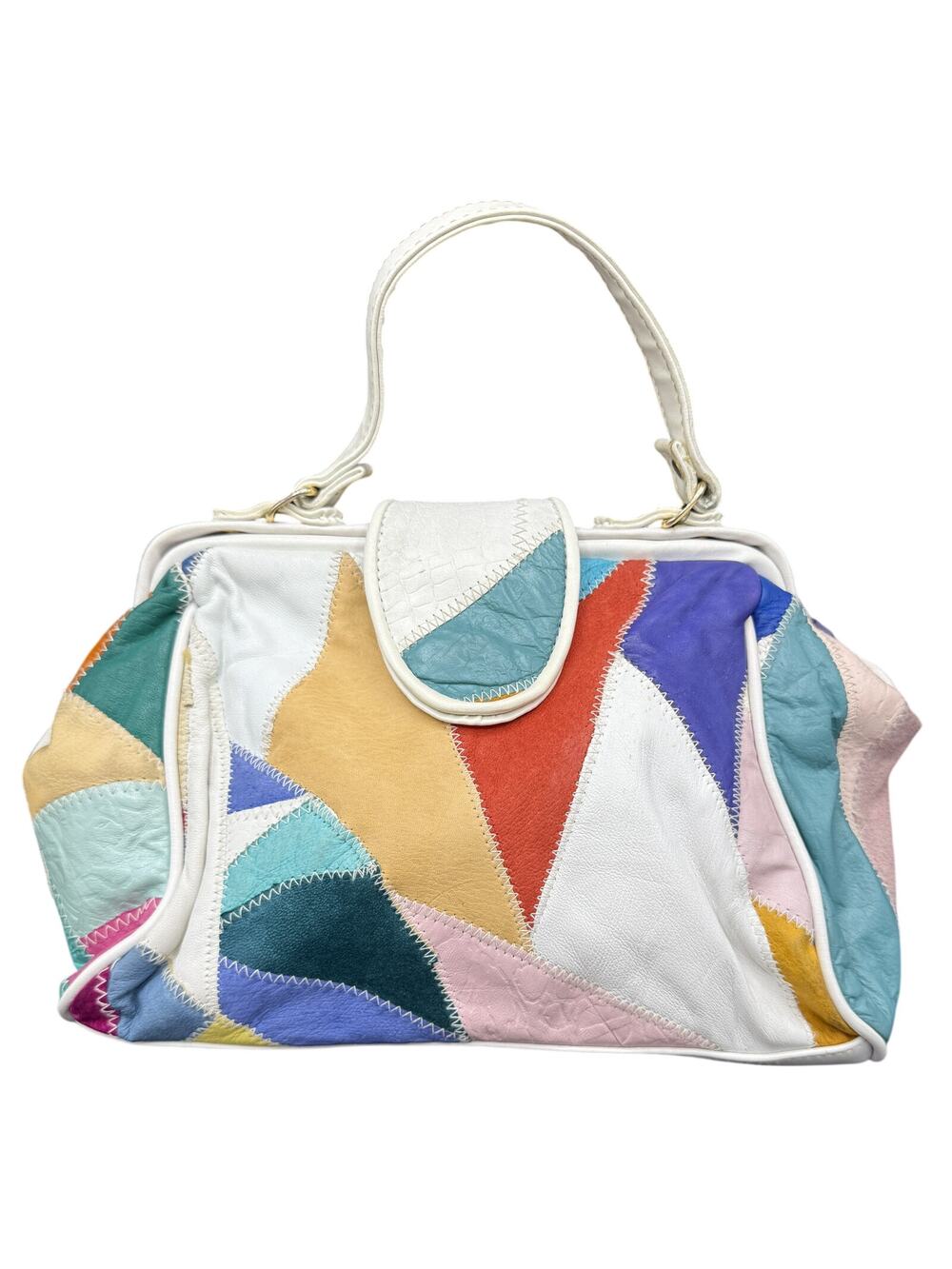 đ Vintage 80s 90s Patchwork Leather Purse Womenâs Colorblock Satchel Rainbow - Picture 1 of 9